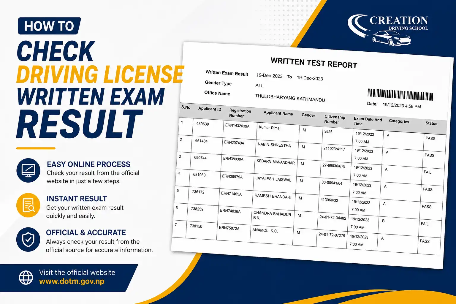 How to check driving license written exam result